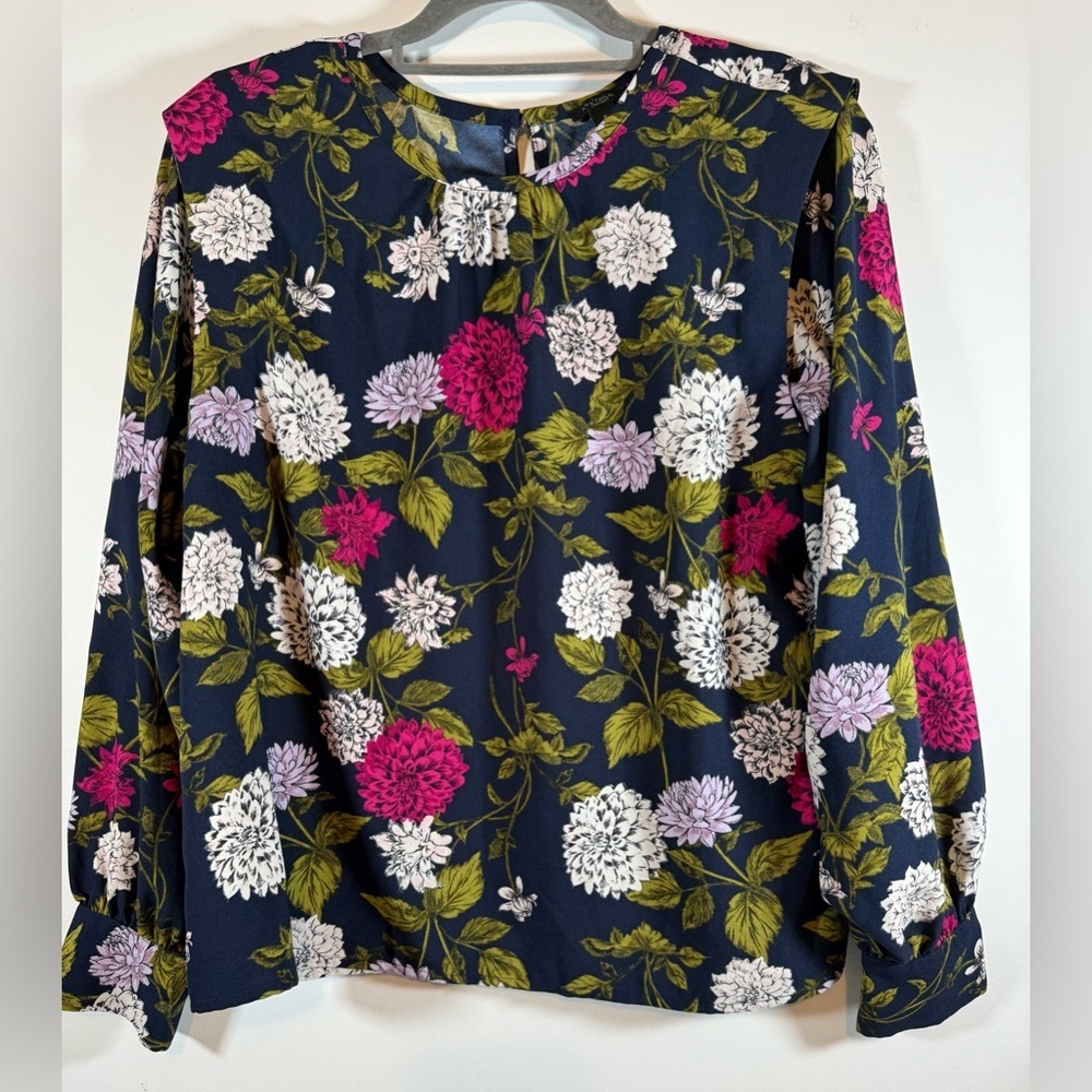 Ann Taylor Factory Navy Floral Button-Back Blouse